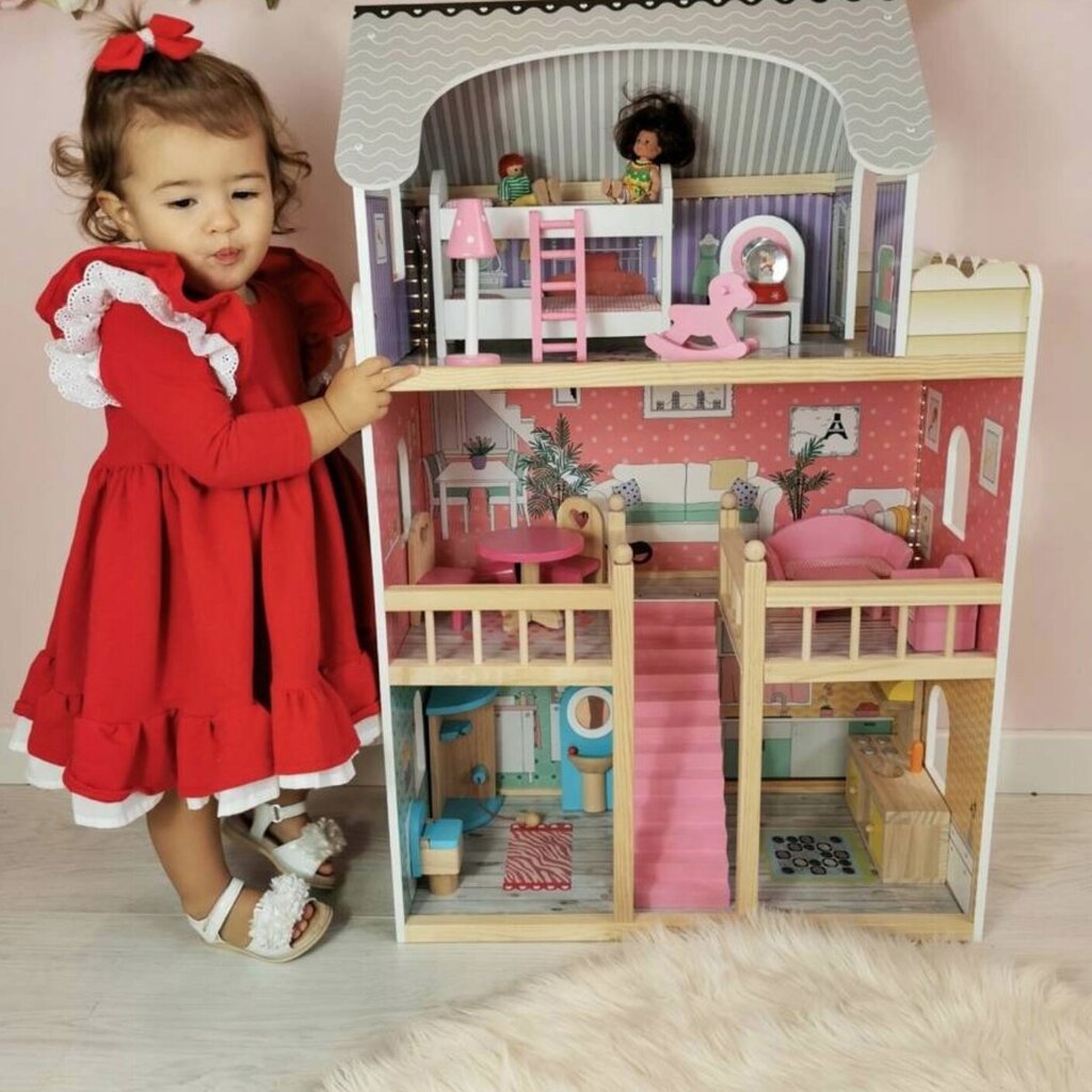 Medinis lėlių namelis su LED apšvietimu, 90 cm kaina ir informacija | Žaislai mergaitėms | pigu.lt