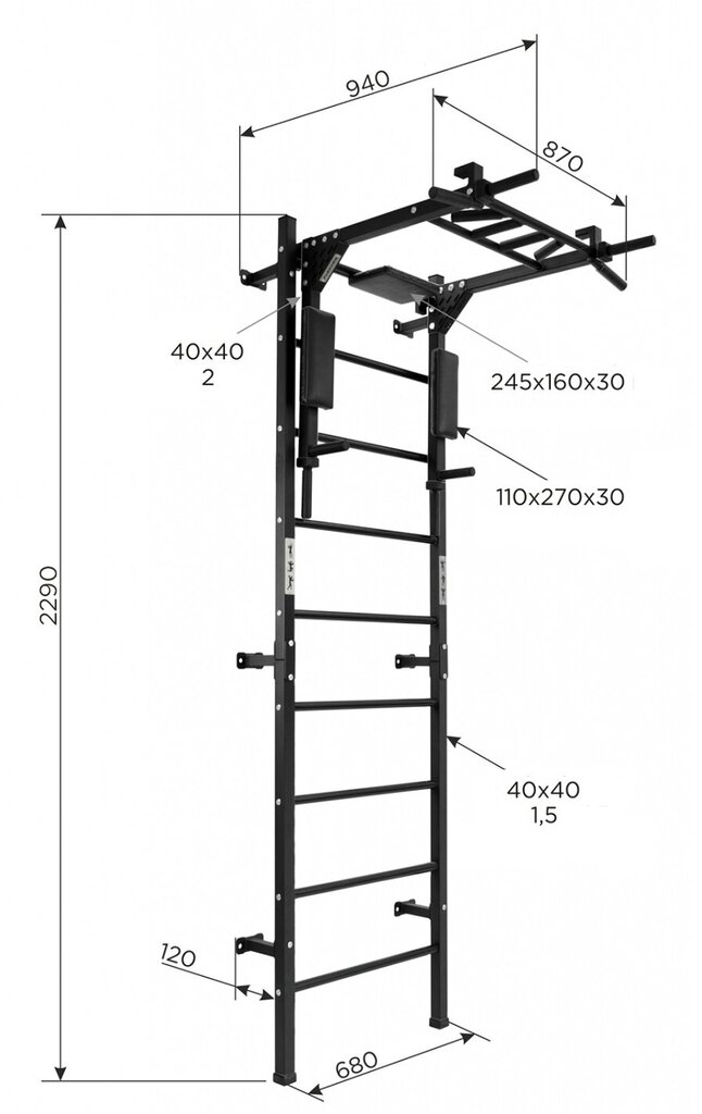 Sporto kompleksas San Pro, 229x68cm, juodas kaina ir informacija | Gimnastikos sienelės | pigu.lt