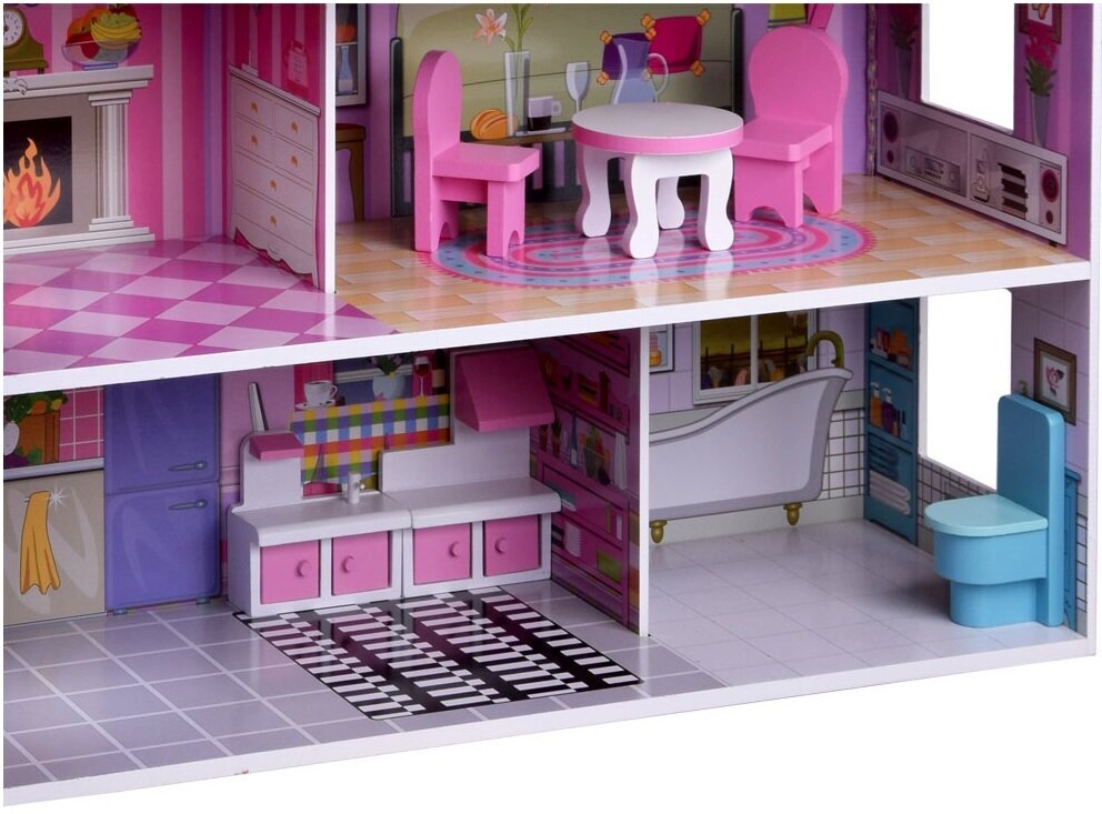 Medinis lėlių namas su baldais ir 4 lėlės kaina ir informacija | Žaislai mergaitėms | pigu.lt