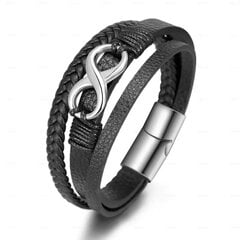 Высококачественный кожаный браслет с символом бесконечности, черный и серебряный цена и информация | Женские браслеты | pigu.lt