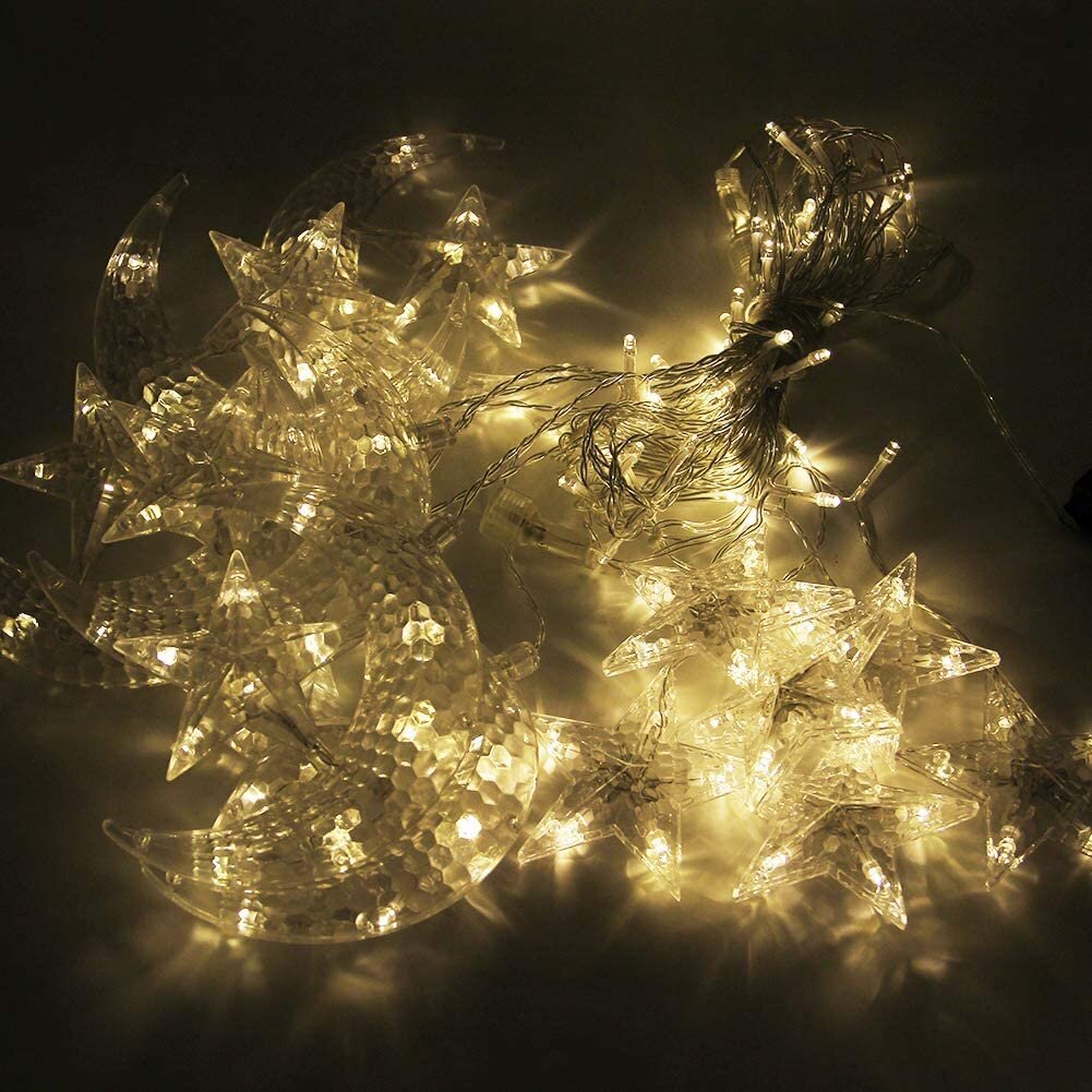 Kalėdinės lemputės su 6 mėnulio papuošalais ir 12 žvaigždučių, 3m, 126 LED, LIVMAN CX-001 kaina ir informacija | Girliandos | pigu.lt
