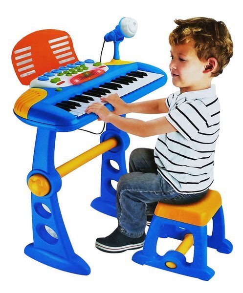 Pianinas su kėdute ir mikrofonu vaikams, mėlynas kaina ir informacija | Lavinamieji žaislai | pigu.lt