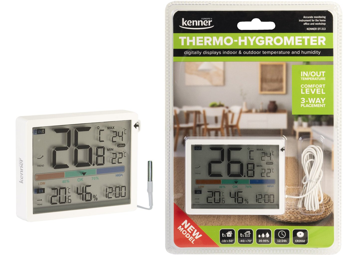 Skaitmeninis vidaus ir lauko termometras/higrometras DT-313 цена и информация | Meteorologinės stotelės, termometrai | pigu.lt