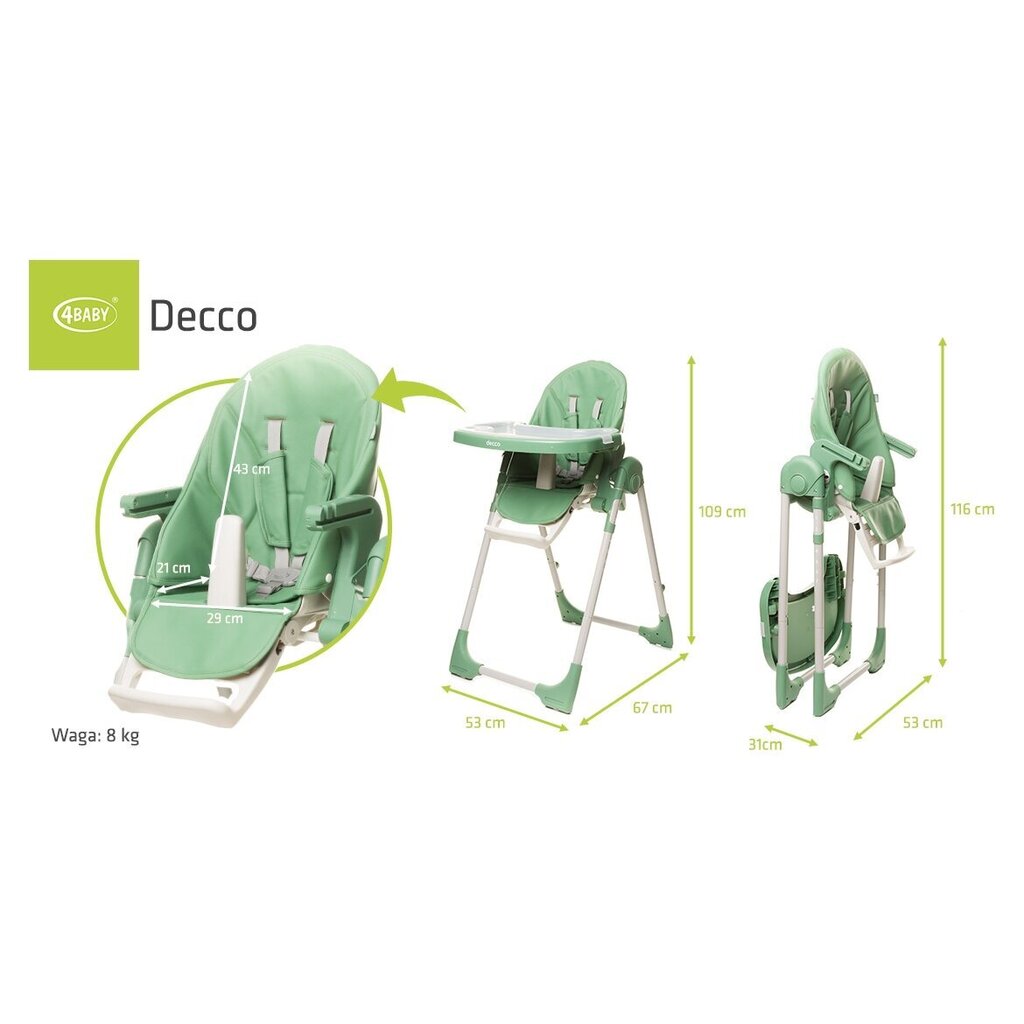 4Baby maitinimo kėdutė Decco, green kaina ir informacija | Maitinimo kėdutės | pigu.lt