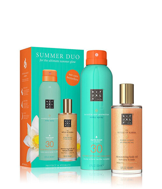 Veido ir kūno priežiūros rinkinys Rituals The Ritual of Karma Suncare Set 2023: purškiamas apsauginis kremas, SPF 30, 200 ml + kūno aliejus, 100 ml kaina ir informacija | Kremai nuo saulės | pigu.lt