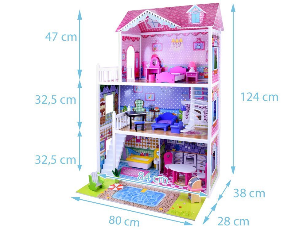 Didelis medinis lėlių namelis su baldais ir LED apšvietimu kaina ir informacija | Žaislai mergaitėms | pigu.lt