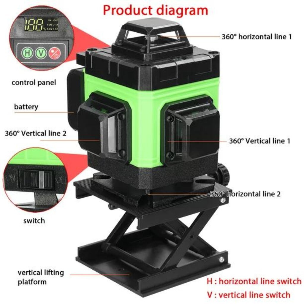 360° linijinis lazerinis nivelyras KKnoon 4D kaina ir informacija | Mechaniniai įrankiai | pigu.lt