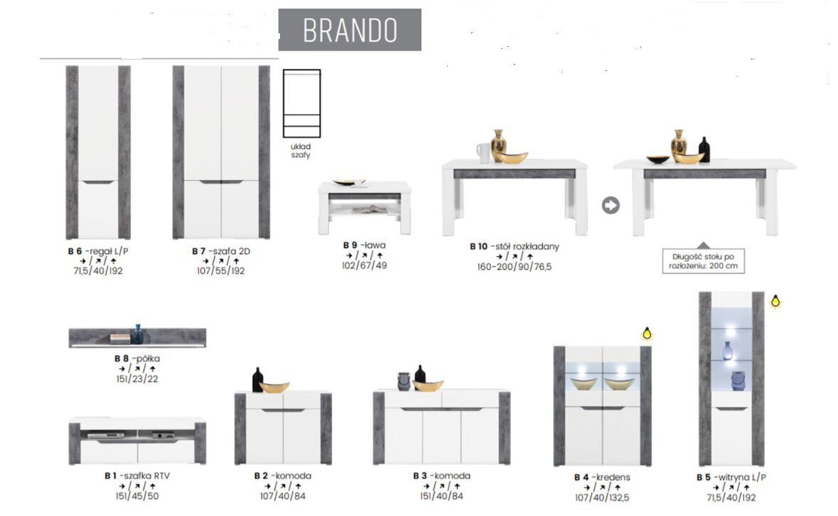 Išskleidžiamas stalas Liveo Brando B10, balta/pilka цена и информация | Virtuvės ir valgomojo stalai, staliukai | pigu.lt