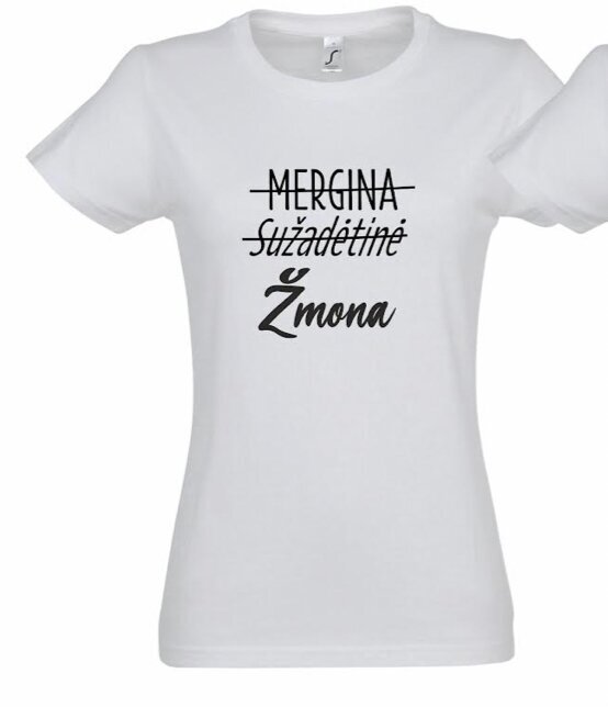 Mergvakario marškinėliai Mergina - Sužadėtinė - Žmona, balti цена и информация | Originalūs marškinėliai | pigu.lt