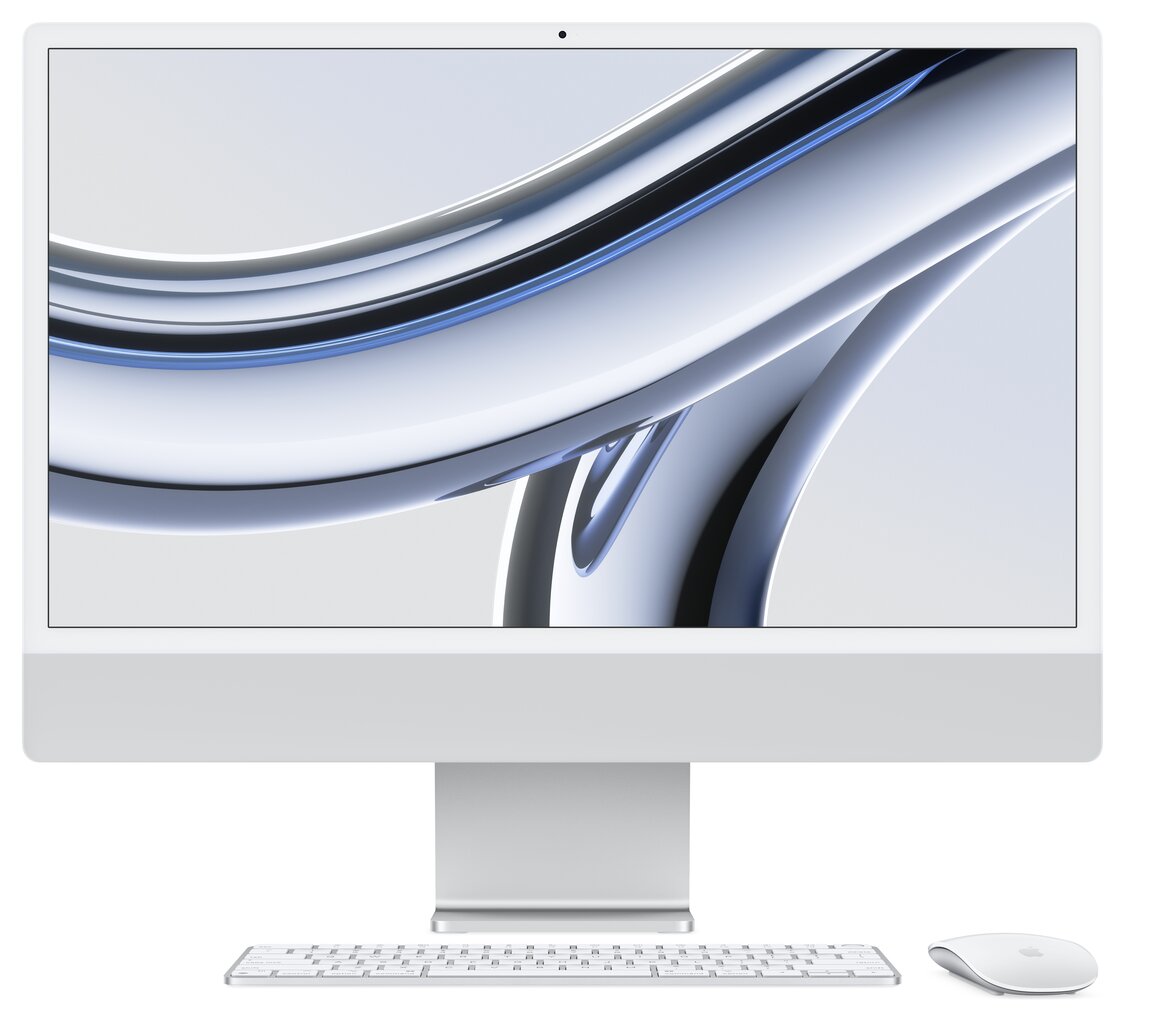 iMac 24” 4.5K Retina, Apple M3 8C CPU, 8C GPU/8GB/256GB SSD/Silver/RUS - MQR93RU/A kaina ir informacija | Stacionarūs kompiuteriai | pigu.lt