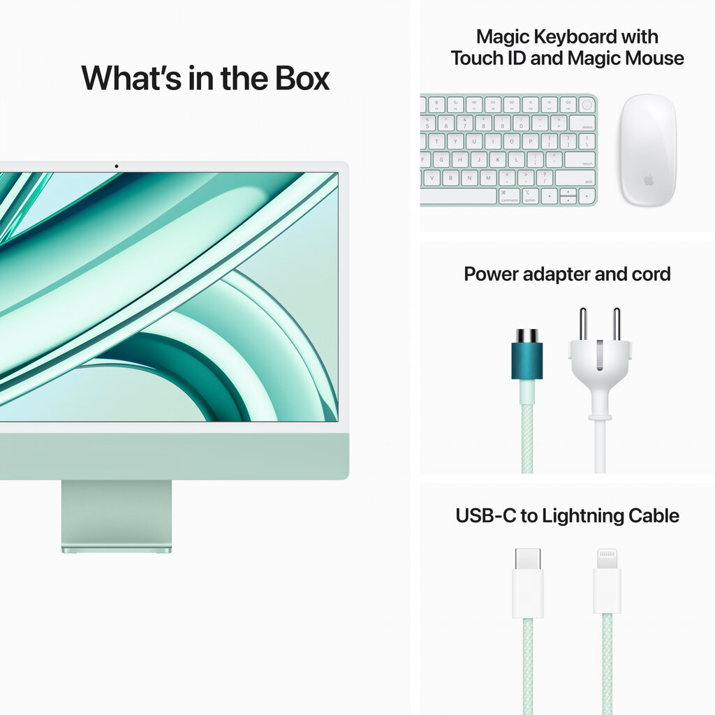 iMac 24” 4.5K Retina, Apple M3 8C CPU, 10C GPU/8GB/256GB SSD/Green/RUS - MQRN3RU/A kaina ir informacija | Stacionarūs kompiuteriai | pigu.lt