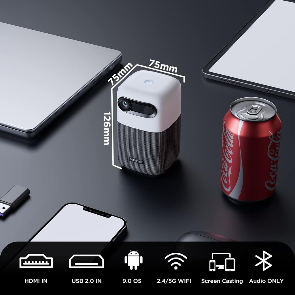 Nešiojamas DLP mini projektorius POKITTER, 16 GB atmintis, balta/pilka kaina ir informacija | Projektoriai | pigu.lt