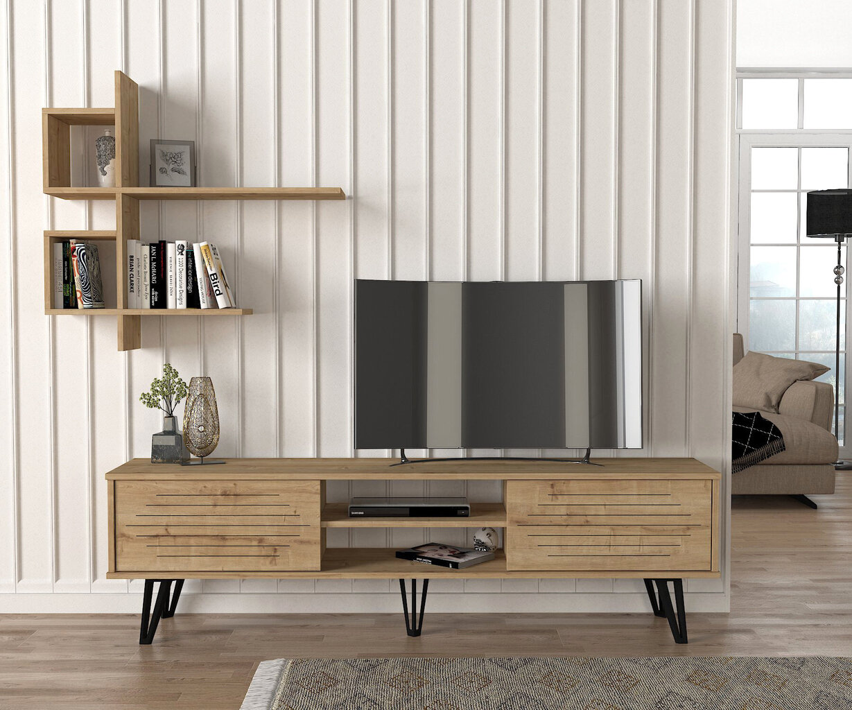 TV spintelė Asir, 180x51x35cm, 90x84ž,6x22cm, smėlio spalvos цена и информация | TV staliukai | pigu.lt