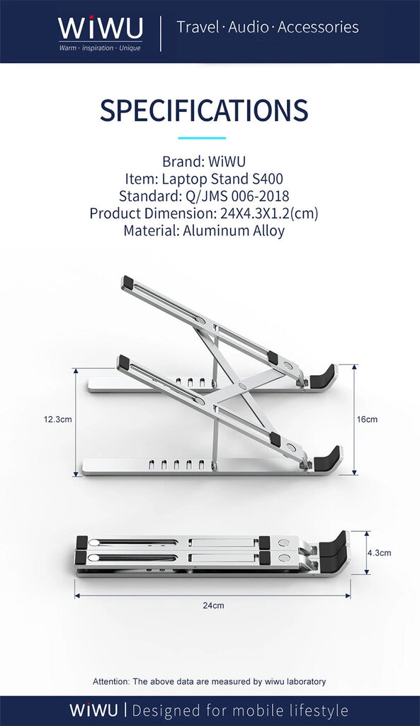 Laptop stand WiWU S400 kaina ir informacija | Kompiuterių aušinimo ir kiti priedai | pigu.lt