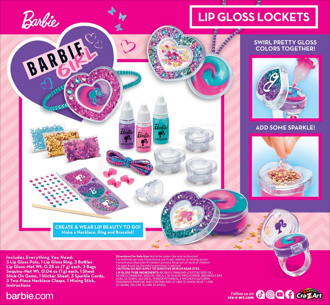 Makiažo rinkinys mergaitėms Barbie Sparkling Sweet Heart Lip Gloss Lockets, 1 vnt цена и информация | Kosmetika vaikams ir mamoms | pigu.lt