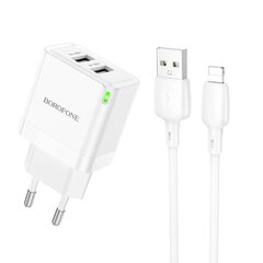 Сетевая зарядка Borofone BN15 2xUSB-A + USB-A to Lightning cable 1.0 м, белая цена и информация | Зарядные устройства для телефонов | pigu.lt