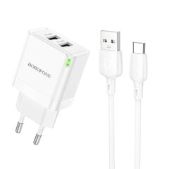 Сетевая зарядка Borofone BN15 2xUSB-A + USB-A to USB-C cable 1.0 м, белая цена и информация | Зарядные устройства для телефонов | pigu.lt