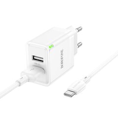 Сетевая зарядка Borofone BN15 2xUSB-A + USB-A to USB-C cable 1.0 м, белая цена и информация | Зарядные устройства для телефонов | pigu.lt