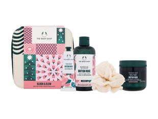 Kūno priežiūros rinkinys The Body Shop Bloom & Glow British Rose moterims: dušo žėlė, 250 ml + rankų kremas, 30 ml + kūno kremas, 200 ml + kempinėlė + kosmetinė kaina ir informacija | Dušo želė, aliejai | pigu.lt