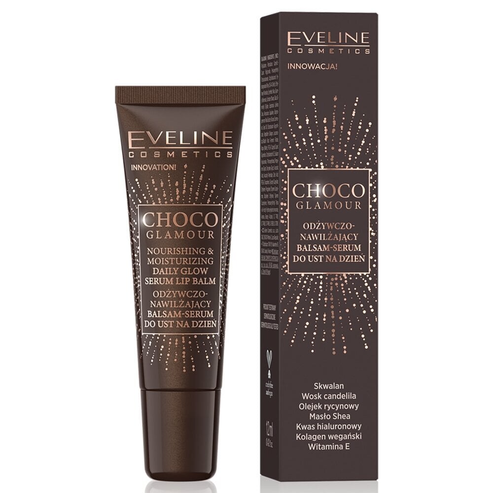 Lūpų balzamas Eveline Choco Glamour Nourishing & Moisturizing Daily Glow Serum Lip Balm, 12 ml kaina ir informacija | Lūpų dažai, blizgiai, balzamai, vazelinai | pigu.lt