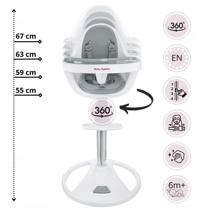 Aukšta sukamoji maitinimo kėdė Moby-System Flora, grey kaina ir informacija | Maitinimo kėdutės | pigu.lt