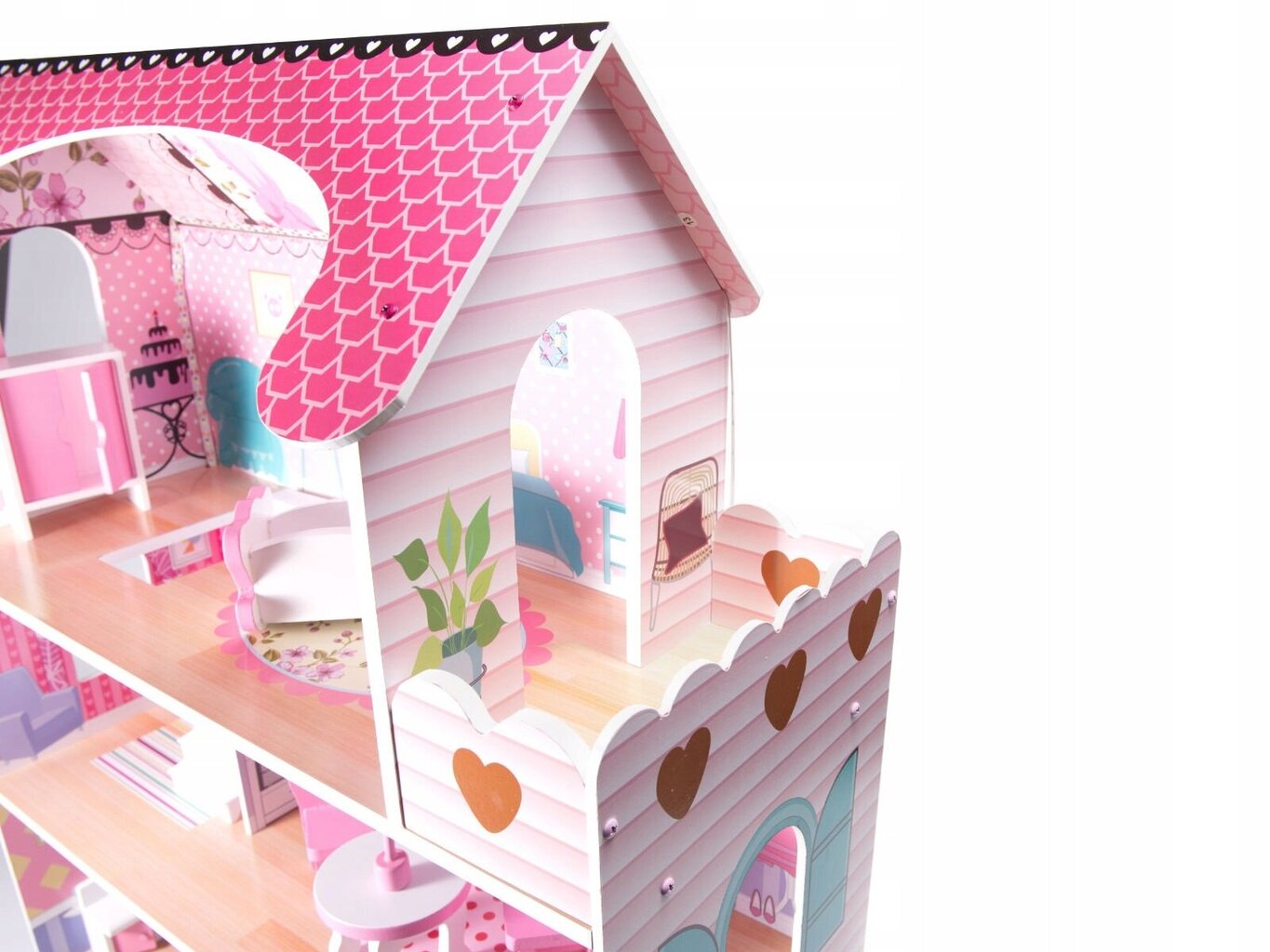 Medinis lėlių namas, 3 aukštų, su LED apšvietimu ir baldų komplektu цена и информация | Žaislai mergaitėms | pigu.lt