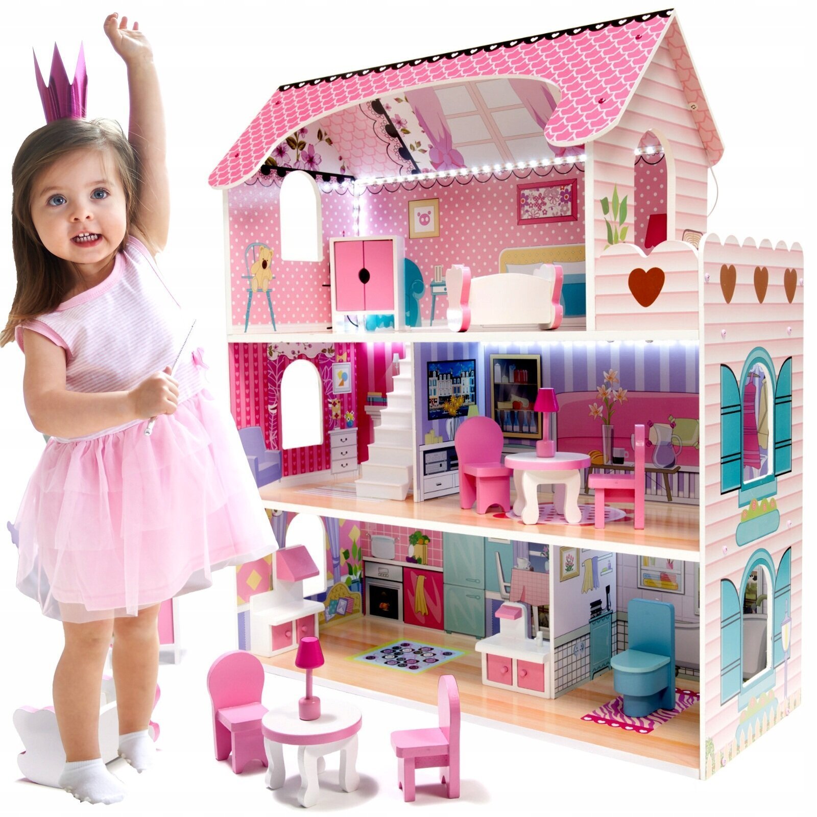 Деревянный кукольный домик Doll House, с LED подсветкой и мебелью, 70 см  цена | pigu.lt