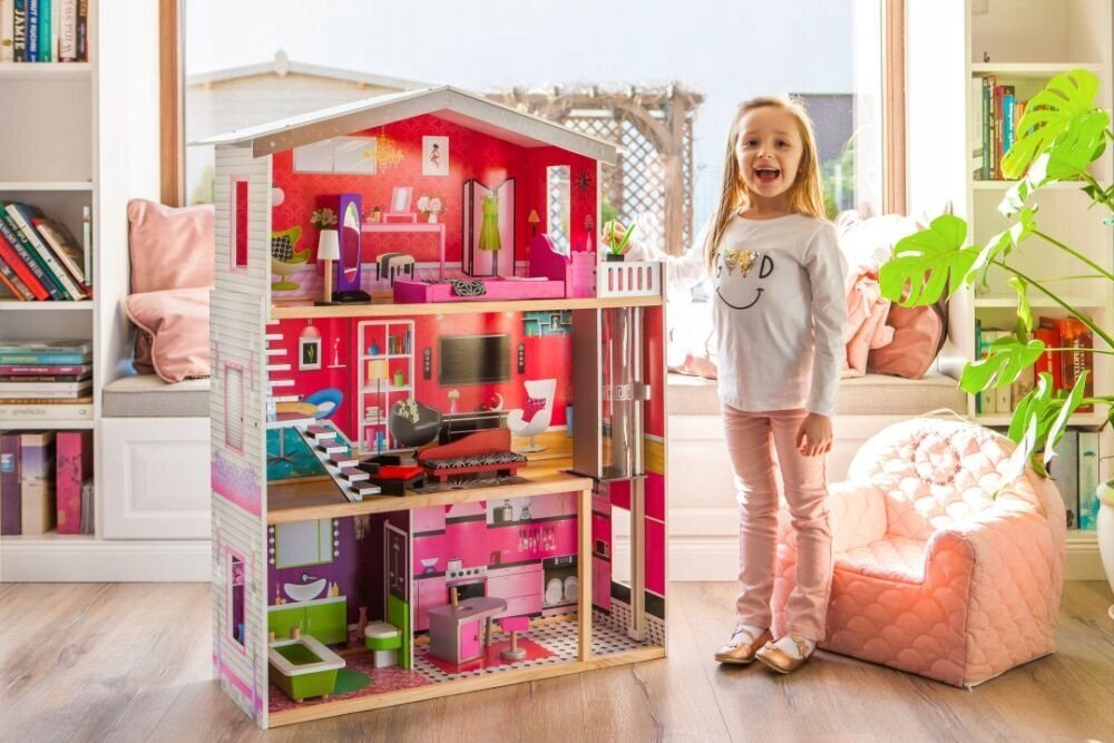 3 aukštų medinis lėlių namelis su baldais ir liftu, 114cm kaina ir informacija | Žaislai mergaitėms | pigu.lt