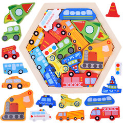 Spalvota medinė dėlionė Transporto priemonės, 16 d. kaina ir informacija | Žaislai berniukams | pigu.lt