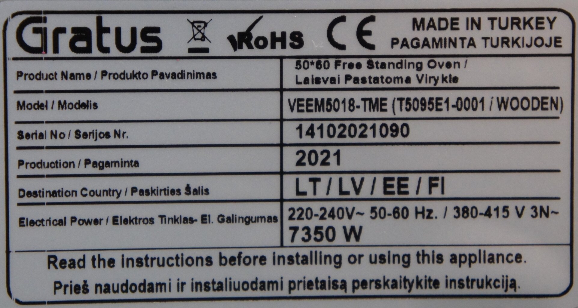 Gratus VEEM5018-TME kaina ir informacija | Elektrinės viryklės | pigu.lt