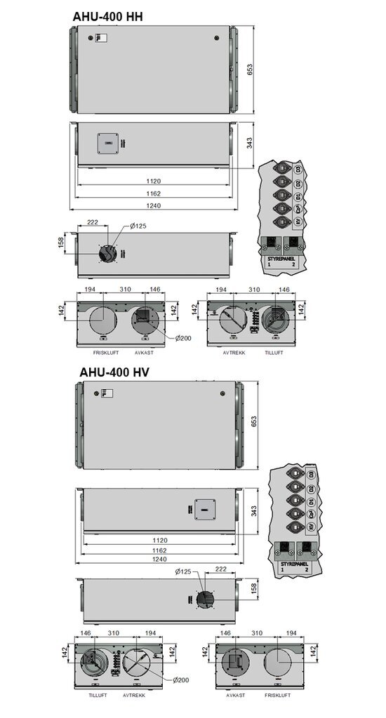 Rekuperatorius Ensy InoVent AHU-400HH/1 palubinis kair. p. 430m³/h. Komplekte valdiklis su WI-FI kaina ir informacija | Kondicionieriai, šilumos siurbliai, rekuperatoriai | pigu.lt