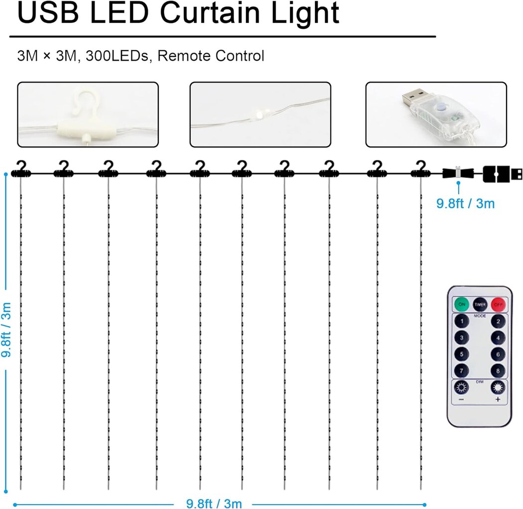 Šviesos užuolaida 300 lempučių, 3x3 m kaina ir informacija | Girliandos | pigu.lt