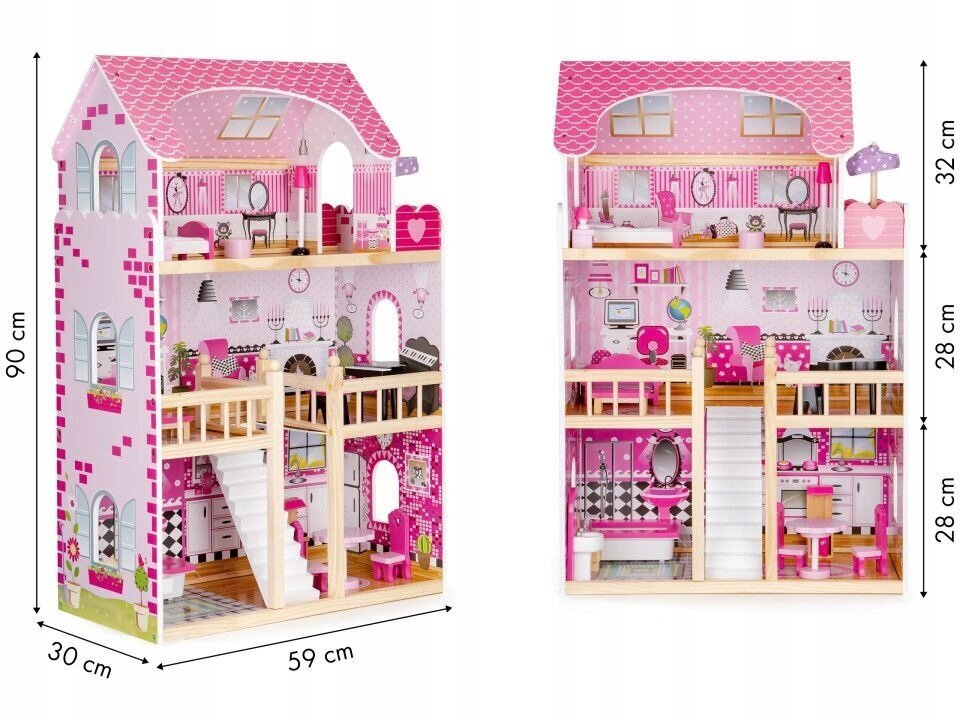 Medinis lėlių namelis su LED, 17 baldų detalių, 90 cm kaina ir informacija | Žaislai mergaitėms | pigu.lt