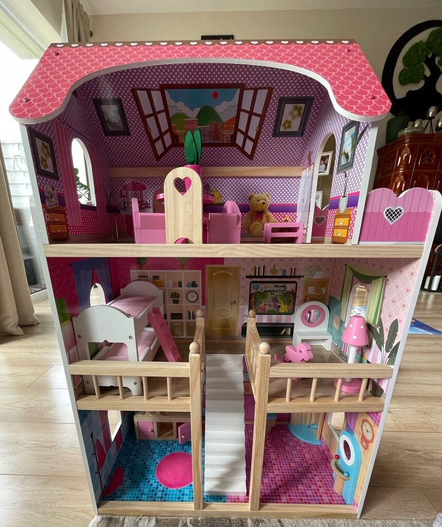 Medinis lėlių namelis su LED, 17 baldų detalių, 90 cm цена и информация | Žaislai mergaitėms | pigu.lt