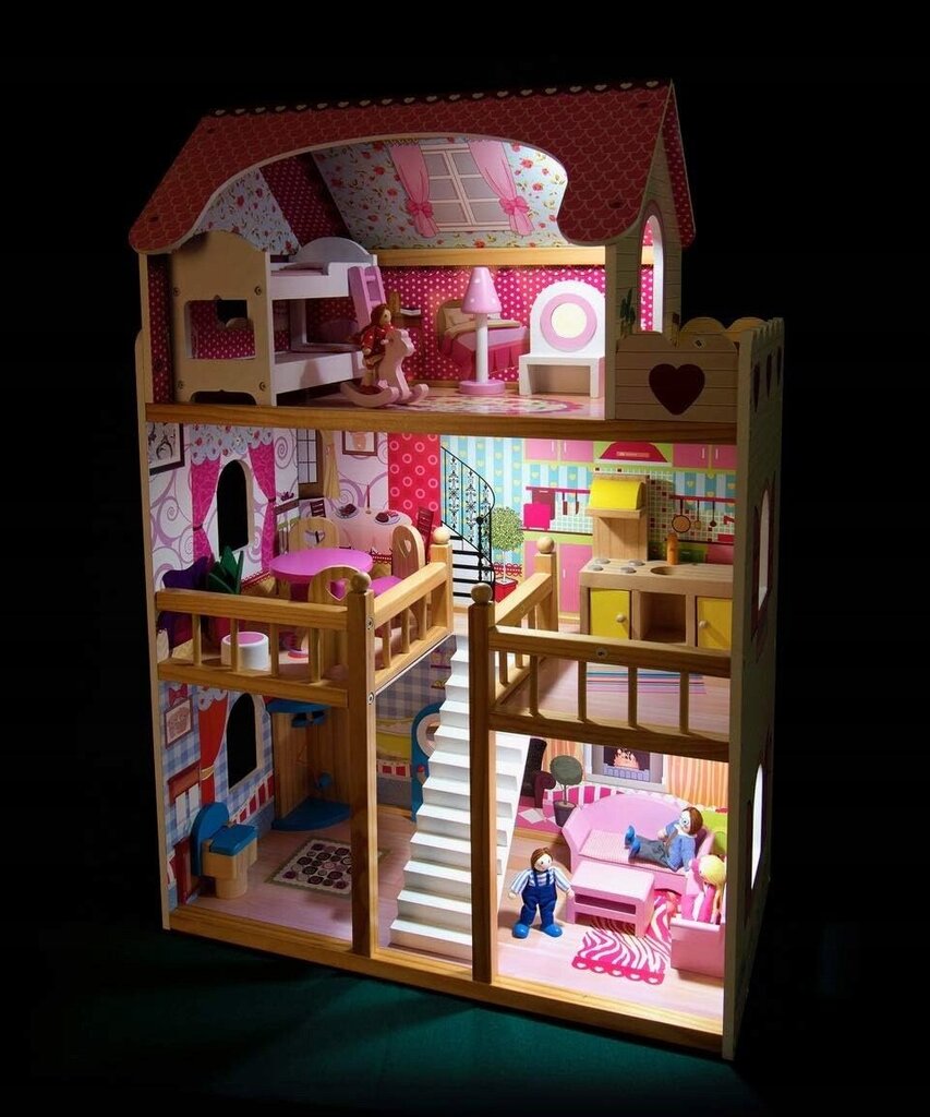 Medinis lėlių namelis su LED, 17 baldų detalių, 90 cm kaina ir informacija | Žaislai mergaitėms | pigu.lt