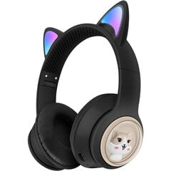 Ausinės su katės ausimis, mikrofonu ir FM radiju, juodas, šviečiančios, Bluetooth цена и информация | Наушники | pigu.lt