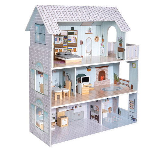 Medinis lėlių namas su baldais, mėlynas kaina ir informacija | Žaislai mergaitėms | pigu.lt