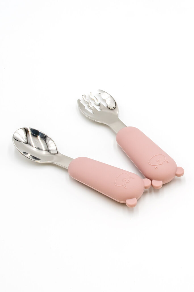 Valgymo įrankiai vaikams – šakutė su šaukštu, rožinės spalvos kaina ir informacija | Kūdikių indai, indeliai pienui ir įrankiai | pigu.lt