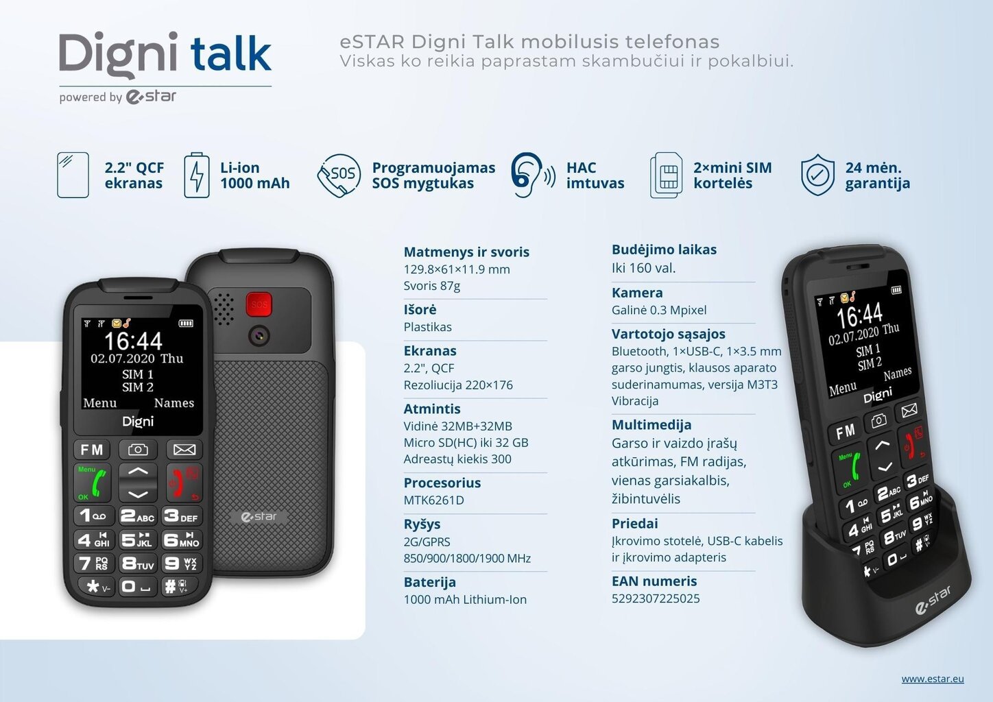 eSTAR Digni Talk Senior Phone Dual SIM Black kaina ir informacija | Mobilieji telefonai | pigu.lt