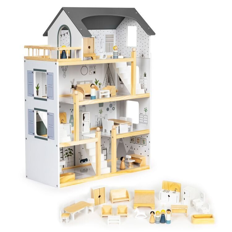 Lėlių namelis su 18 medinių baldų komplektu Eco Toys W06A392 kaina ir informacija | Žaislai mergaitėms | pigu.lt