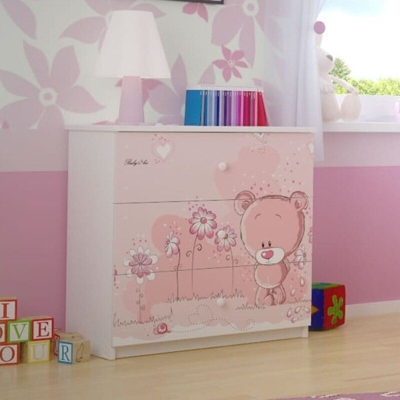 Komoda BabyBoo Pink Teddy Bear, balta/rožinė kaina ir informacija | Vaikiškos komodos | pigu.lt