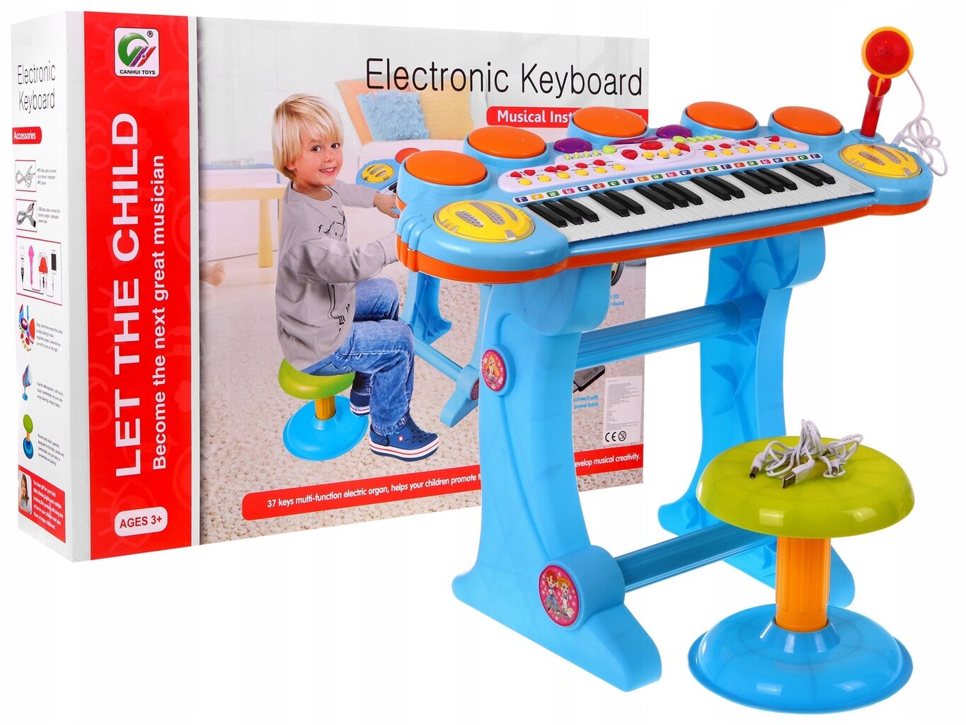 Vaikiškas pianinas su kėdute ir mikrofonu Ramiz, mėlynas kaina ir informacija | Lavinamieji žaislai | pigu.lt