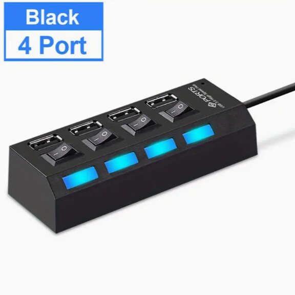 4 prievadų LED USB 2.0 adapterio šakotuvo jungiklis, juodas цена и информация | Adapteriai, USB šakotuvai | pigu.lt