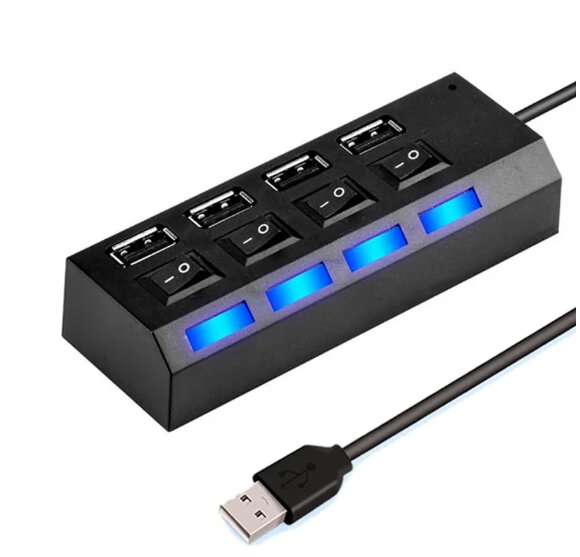 4 prievadų LED USB 2.0 adapterio šakotuvo jungiklis, juodas kaina ir informacija | Adapteriai, USB šakotuvai | pigu.lt