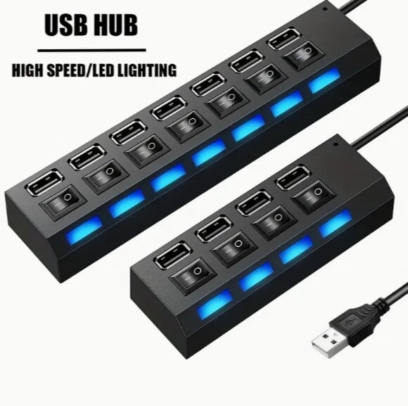 4 prievadų LED USB 2.0 adapterio šakotuvo jungiklis, juodas цена и информация | Adapteriai, USB šakotuvai | pigu.lt