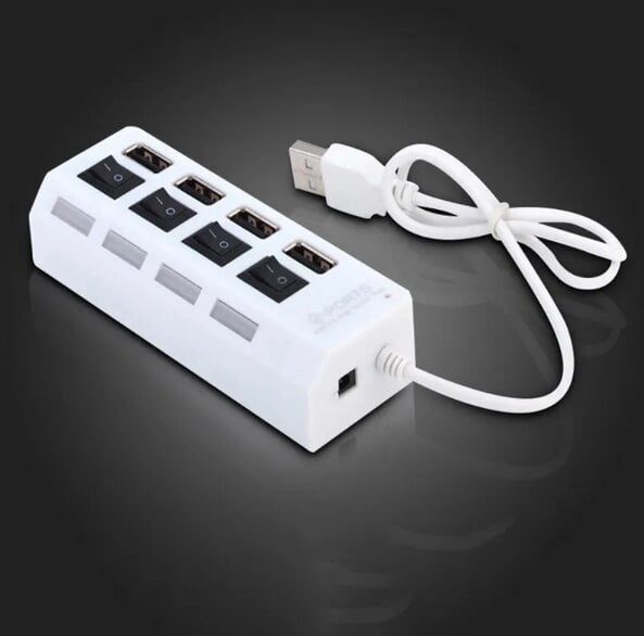 4 prievadų LED USB 2.0 adapterio šakotuvo jungiklis, baltas цена и информация | Adapteriai, USB šakotuvai | pigu.lt