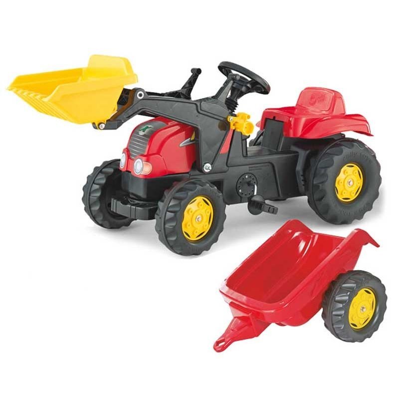 Traktorius minamas pedalais su priekaba ir krautuvu, Rolly Toys, raudonas kaina ir informacija | Žaislai kūdikiams | pigu.lt