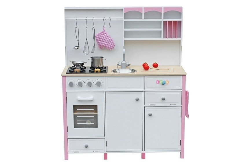 Medinė virtuvėlė vaikams, baltai rožinė цена и информация | Žaislai mergaitėms | pigu.lt