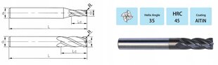 Радиусная фреза VHM 3 x R1 x 4D x 50 мм 45 HRC цена и информация | Фрезы | pigu.lt