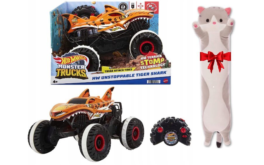 Nuotoliniu būdu valdoma mašinėlė Hot Wheels Monster Trucks Tiger ir pliušinė katė kaina ir informacija | Žaislai berniukams | pigu.lt